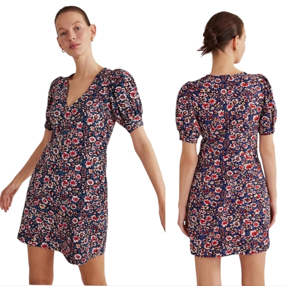 Boden V-neck Floral Mini Dress Cotton Short Puff Sleeves  Blue Red Women’s 8L - Picture 4 of 17